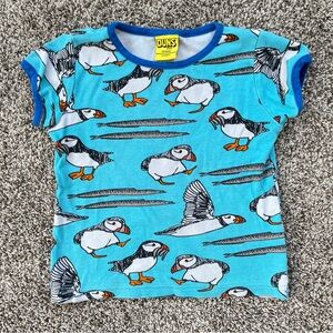 Duns Sweden | Organic Cotton Ringer T-Shirt | Aqua Puffin Print | Size 4T (104)